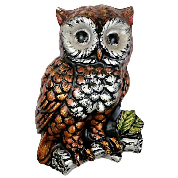 Other - Vintage Chalkware Owl Figurine Rustic Bronze Look 8" - Woodland Cottage Home